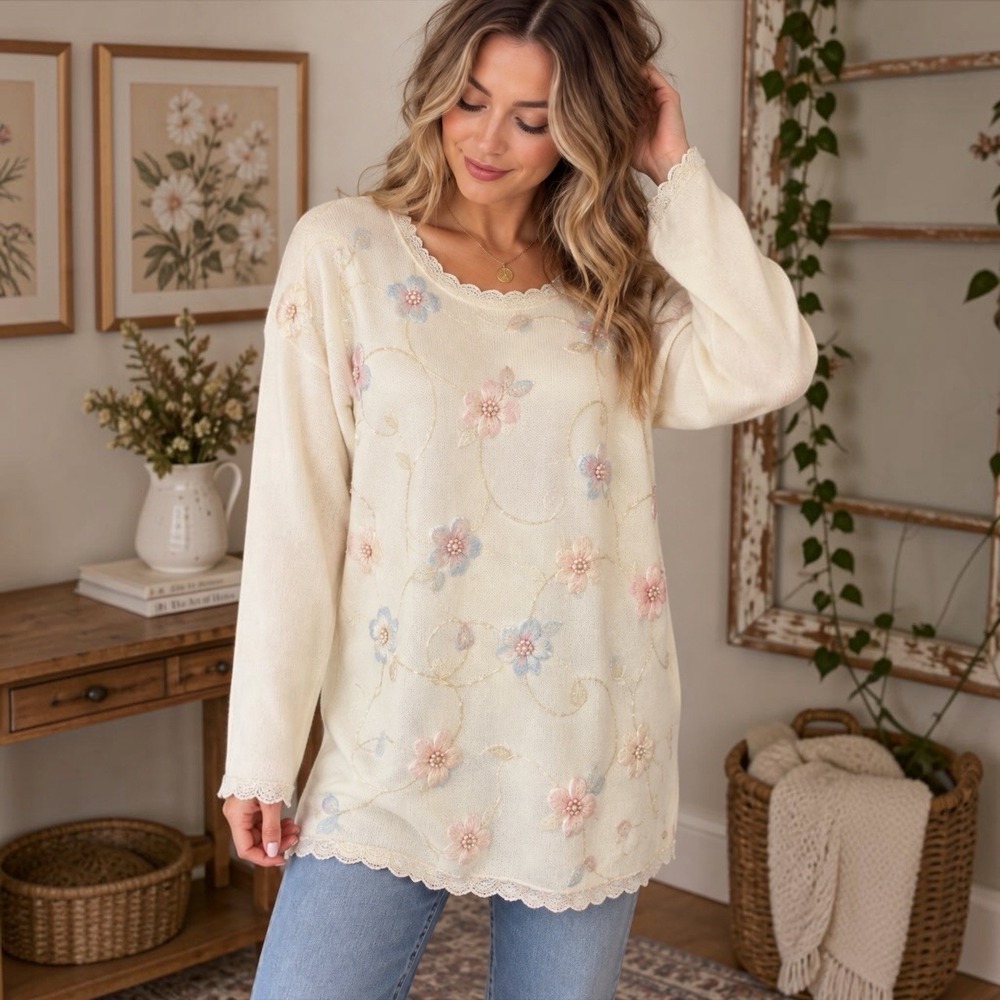 Vintage Carolyn Taylor M NWT Floral Beaded Embroidered Sweater Cottagecore